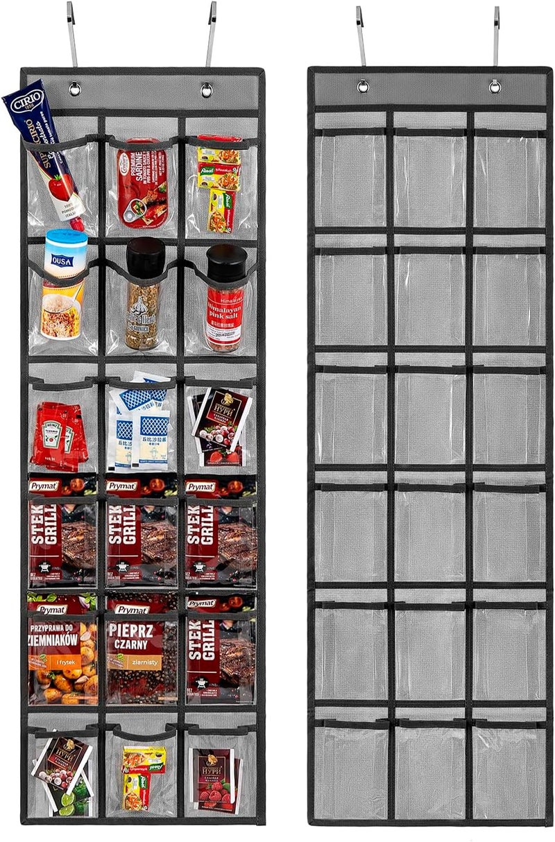 TEMUORG 2 Pack Over the Door Pantry Organizer Hanging Seasoning Packet Storage Wall Mount Spice Holder for Kitchen Snack Food Tea Bag (Grey) - Image 1